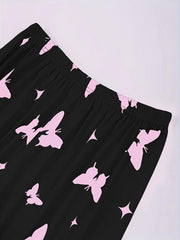 Heart Print Pajama Set Top & Butterfly Print Pants Women's Sleepwear