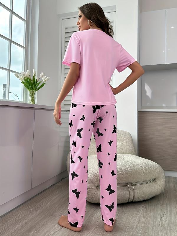 Heart Print Pajama Set Top & Butterfly Print Pants Women's Sleepwear