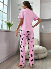 Heart Print Pajama Set Top & Butterfly Print Pants Women's Sleepwear