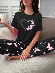 Heart Print Pajama Set Top & Butterfly Print Pants Women's Sleepwear