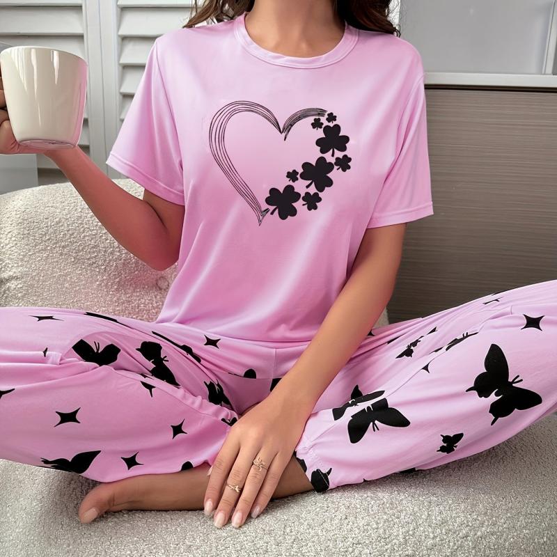 Heart Print Pajama Set Top & Butterfly Print Pants Women's Sleepwear