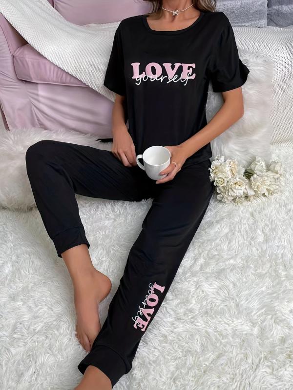 Letter Print Pajama Set Top & Pants Women's Loungewear