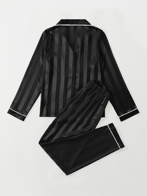 Striped Satin Pajama Set Long Sleeve Top & Lounge Pants