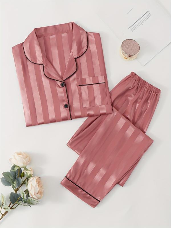 Striped Satin Pajama Set Long Sleeve Top & Lounge Pants