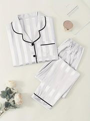 Striped Satin Pajama Set Long Sleeve Top & Lounge Pants