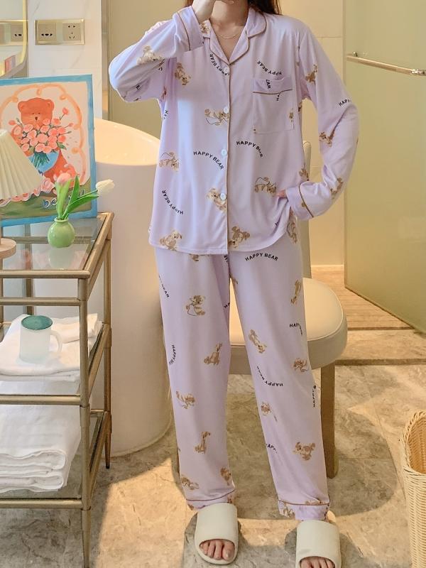 Cartoon Bear Print Pajama Set Long Sleeve Blouse & Pants Women's Loungewear