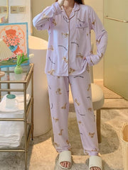 Cartoon Bear Print Pajama Set Long Sleeve Blouse & Pants Women's Loungewear