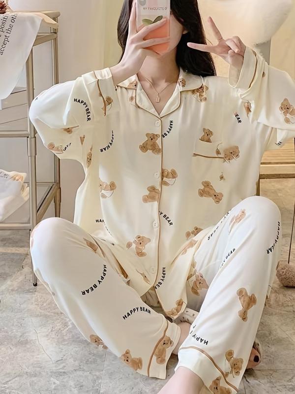 Cartoon Bear Print Pajama Set Long Sleeve Blouse & Pants Women's Loungewear