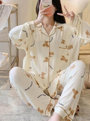 Cartoon Bear Print Pajama Set Long Sleeve Blouse & Pants Women's Loungewear