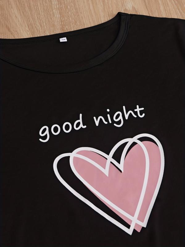 Heart Print Pajamas Set Short Sleeve Top & Shorts & Plaid Pants