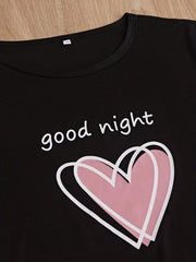 Heart Print Pajamas Set Short Sleeve Top & Shorts & Plaid Pants