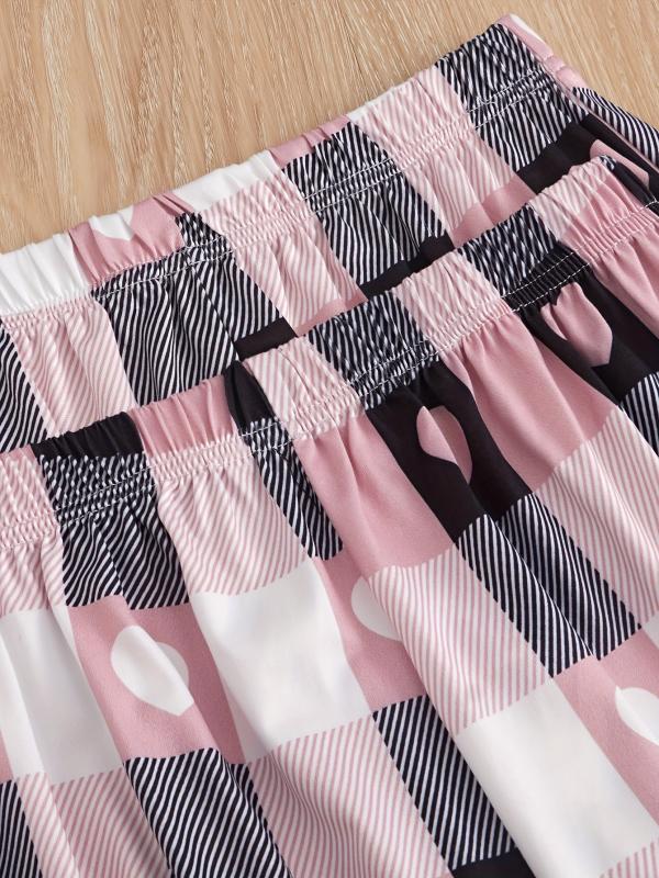 Heart Print Pajamas Set Short Sleeve Top & Shorts & Plaid Pants