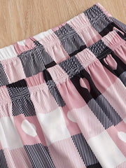 Heart Print Pajamas Set Short Sleeve Top & Shorts & Plaid Pants