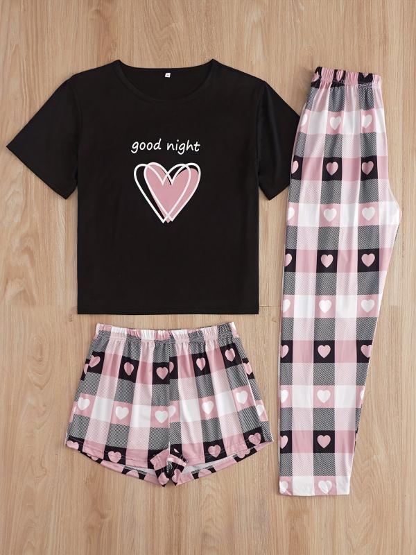 Heart Print Pajamas Set Short Sleeve Top & Shorts & Plaid Pants