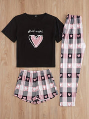 Heart Print Pajamas Set Short Sleeve Top & Shorts & Plaid Pants