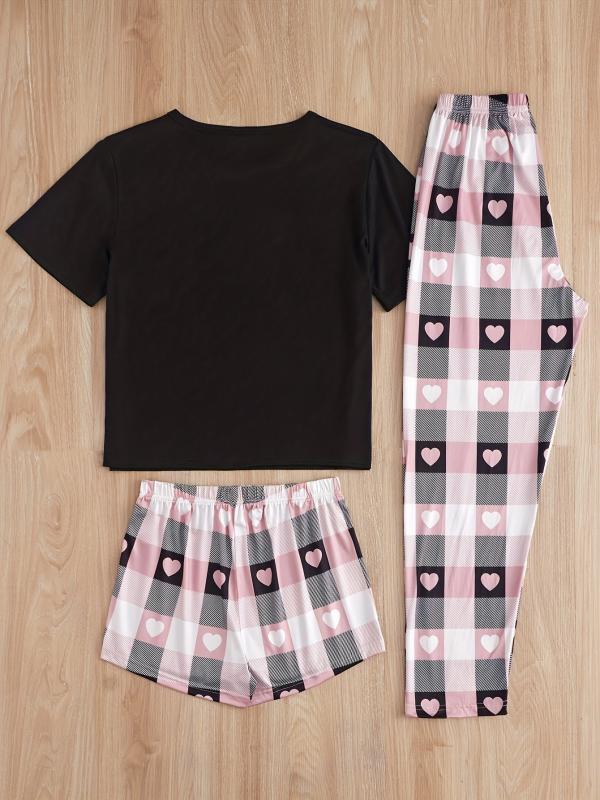 Heart Print Pajamas Set Short Sleeve Top & Shorts & Plaid Pants