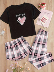 Heart Print Pajamas Set Short Sleeve Top & Shorts & Plaid Pants