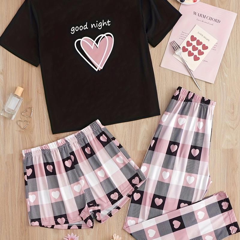 Heart Print Pajamas Set Short Sleeve Top & Shorts & Plaid Pants