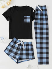 Plaid Pajama Set Short Sleeve Top & Shorts & Bow Pants