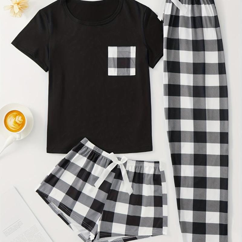 Plaid Pajama Set Short Sleeve Top & Shorts & Bow Pants