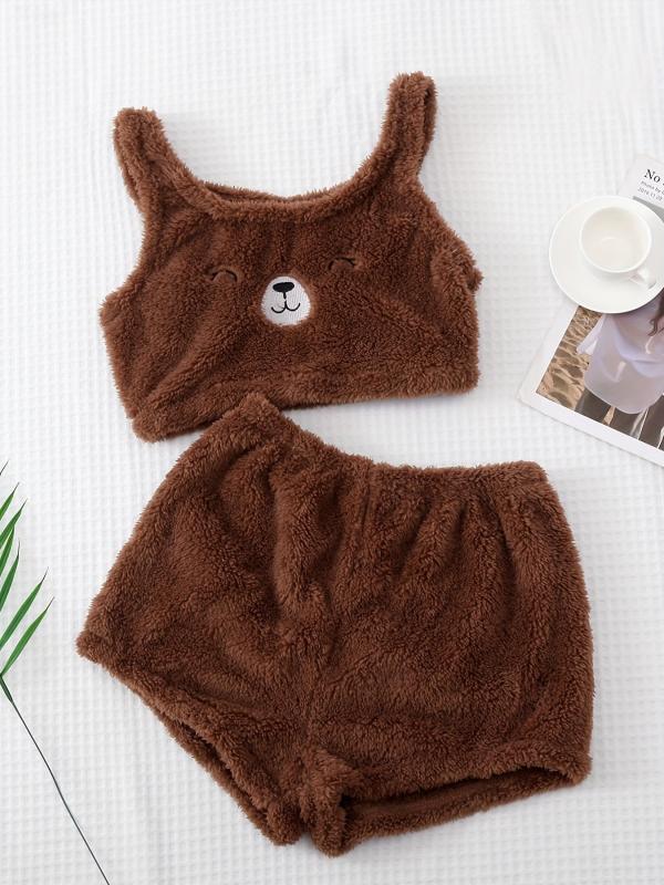 Bear Print Pajama Set Crew Neck Tank Top & Shorts
