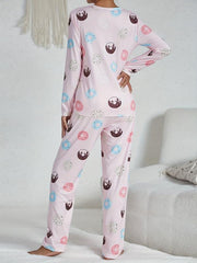 Cartoon Donut Print Pajama Set Long Sleeve Top & Pants
