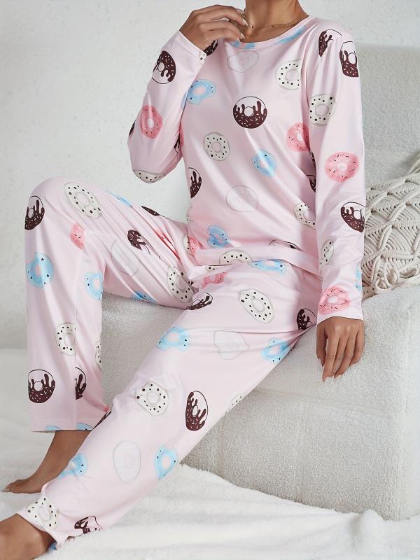 Cartoon Donut Print Pajama Set Long Sleeve Top & Pants