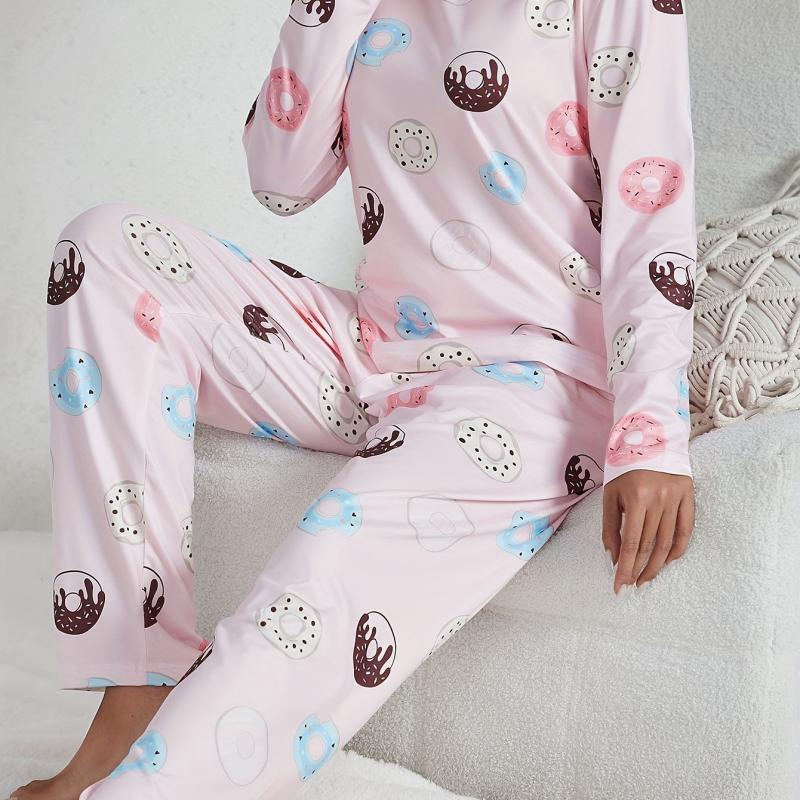Cartoon Donut Print Pajama Set Long Sleeve Top & Pants