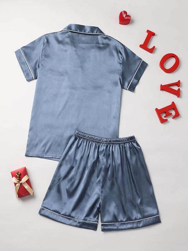 Heart Pattern Pajama Set Short Sleeve Blouse & Shorts