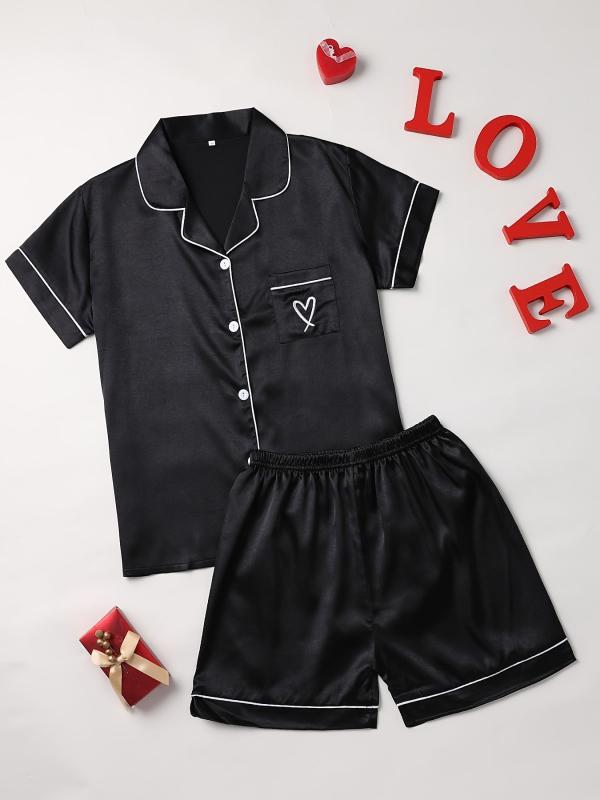 Heart Pattern Pajama Set Short Sleeve Blouse & Shorts