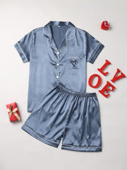 Heart Pattern Pajama Set Short Sleeve Blouse & Shorts