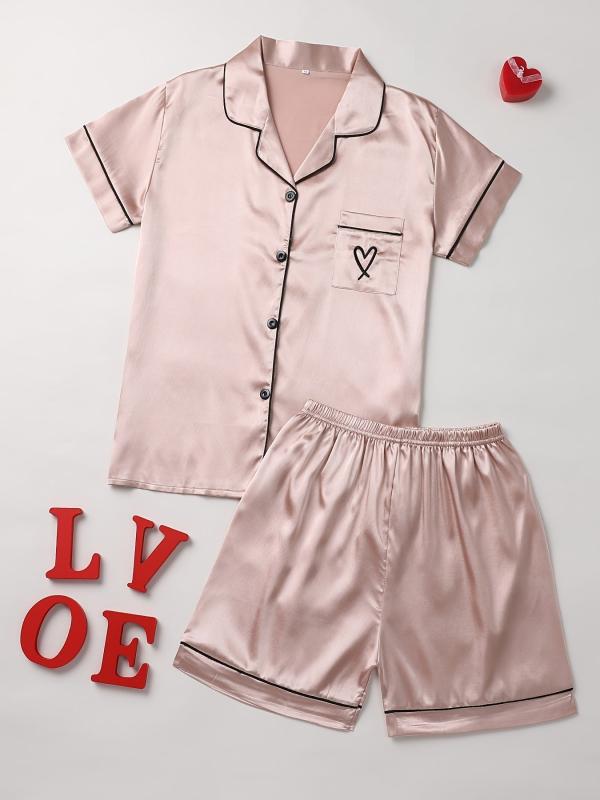 Heart Pattern Pajama Set Short Sleeve Blouse & Shorts