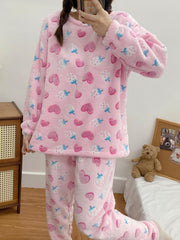 Heart & Strawberry Print Pajama Set Long Sleeve Top & Flannel Lounge