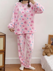Heart & Strawberry Print Pajama Set Long Sleeve Top & Flannel Lounge