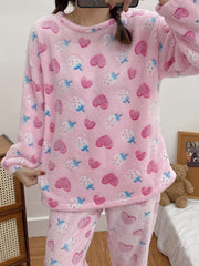 Heart & Strawberry Print Pajama Set Long Sleeve Top & Flannel Lounge
