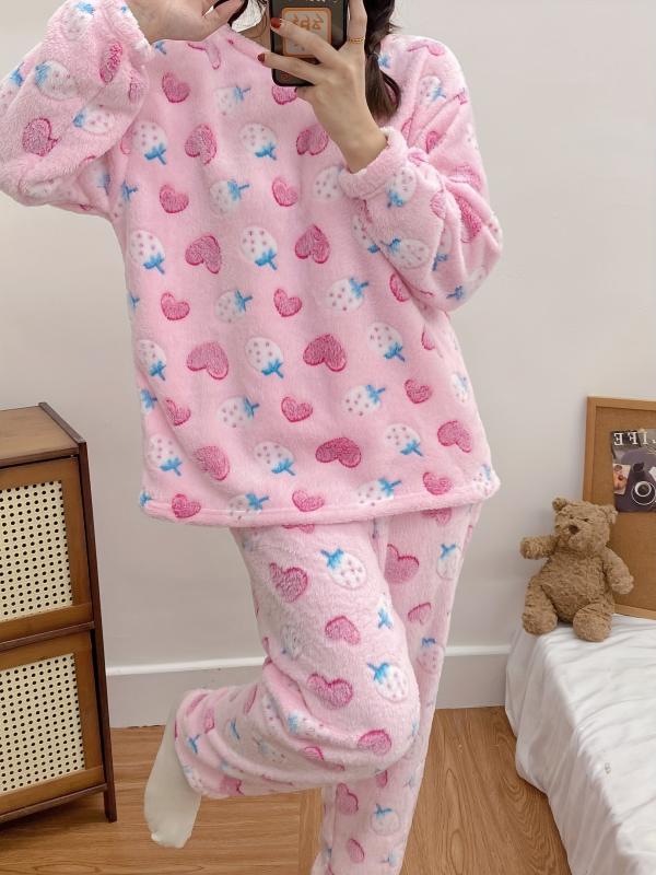 Heart & Strawberry Print Pajama Set Long Sleeve Top & Flannel Lounge