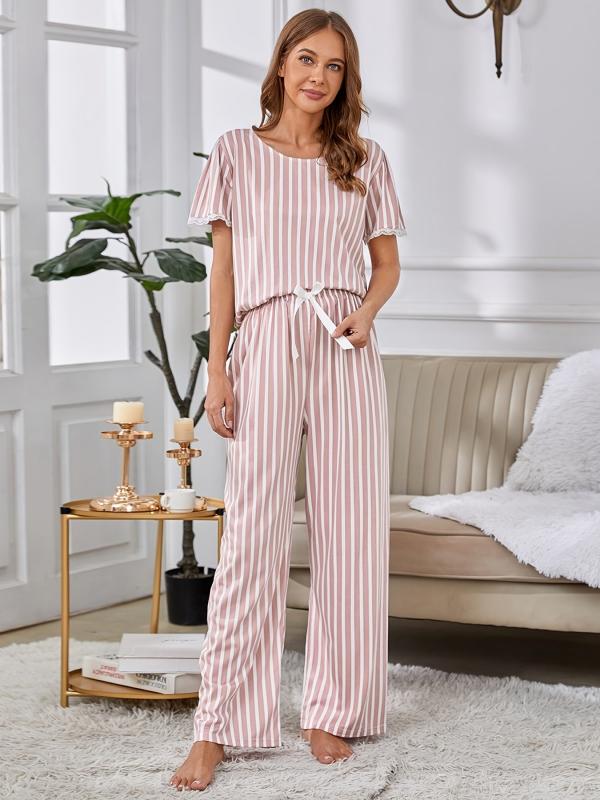 Striped Print Pajamas Set Short Sleeve Top & Long Pants Loungewear