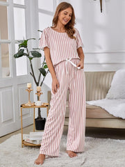Striped Print Pajamas Set Short Sleeve Top & Long Pants Loungewear
