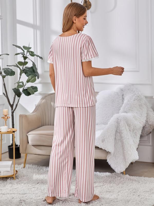 Striped Print Pajamas Set Short Sleeve Top & Long Pants Loungewear
