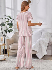 Striped Print Pajamas Set Short Sleeve Top & Long Pants Loungewear