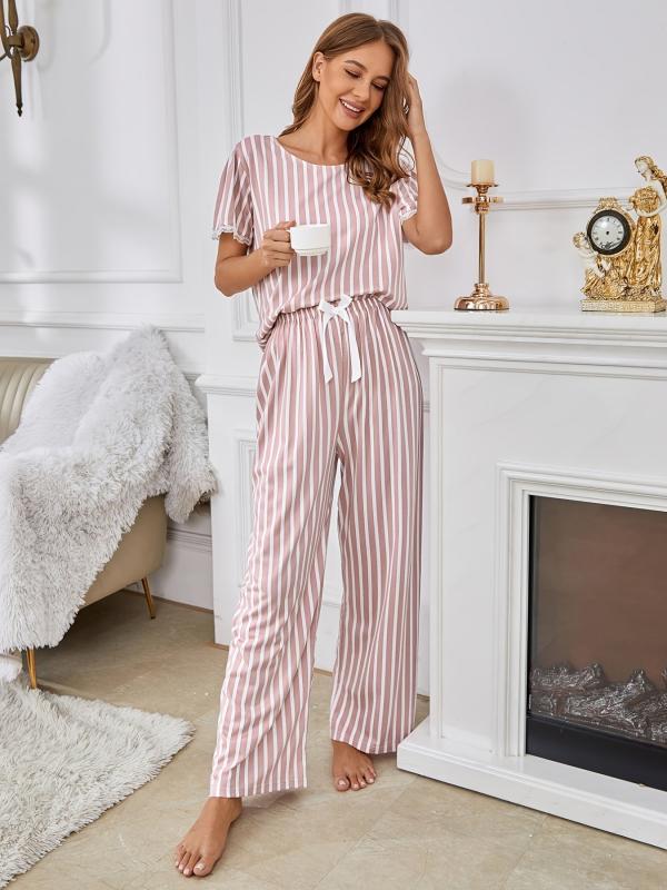 Striped Print Pajamas Set Short Sleeve Top & Long Pants Loungewear