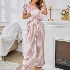 Striped Print Pajamas Set Short Sleeve Top & Long Pants Loungewear