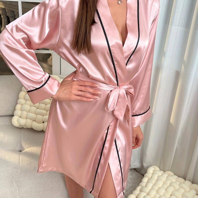 Satin V Neck Night Robe Long Sleeve House Robe Women's Sleepwear