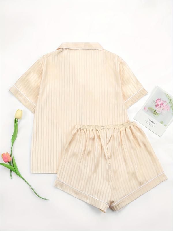 Striped Print Pajamas Set Short Sleeve Lapel Buttons Top And Shorts Pj Set