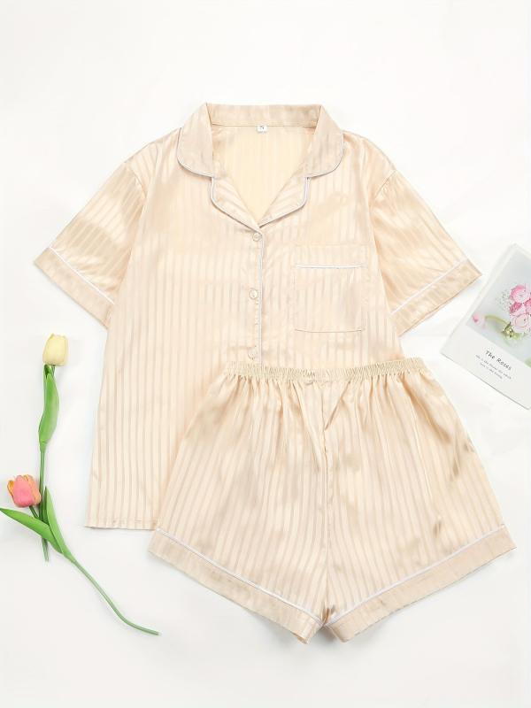 Striped Print Pajamas Set Short Sleeve Lapel Buttons Top And Shorts Pj Set