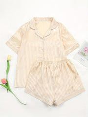 Striped Print Pajamas Set Short Sleeve Lapel Buttons Top And Shorts Pj Set