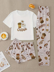Cake Print Pajama Set Short Sleeve Top & Shorts & Pants