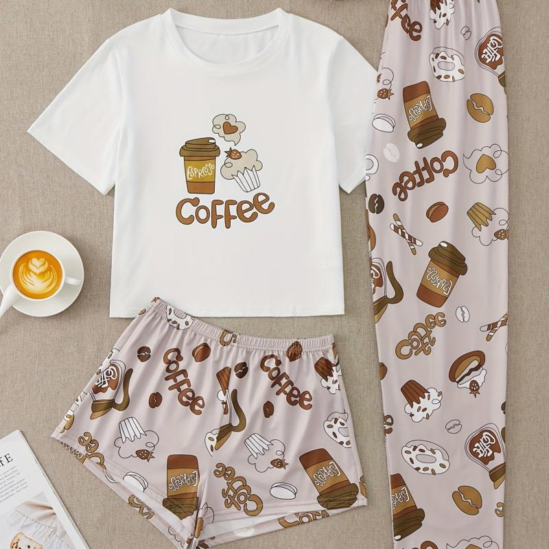 Cake Print Pajama Set Short Sleeve Top & Shorts & Pants