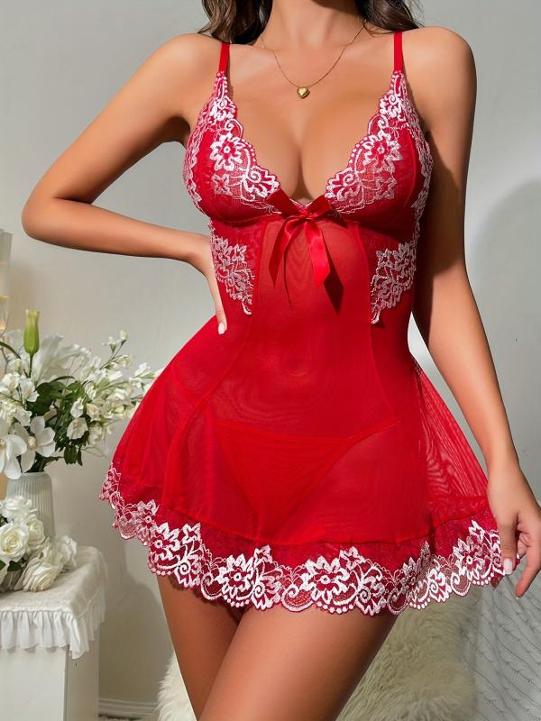 Floral Lace Mesh Slip Nightdress V Neck Backless Sleep Dress