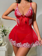 Floral Lace Mesh Slip Nightdress V Neck Backless Sleep Dress